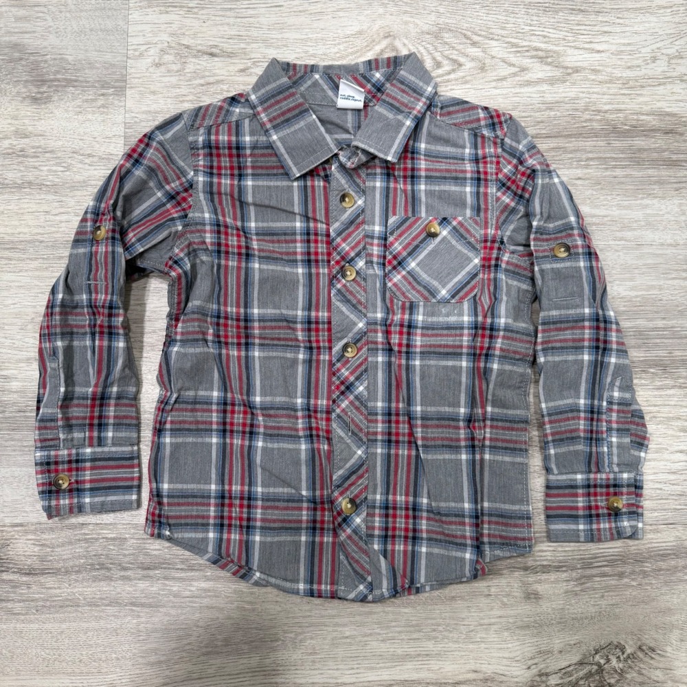 Old Navy Boys 3T Plaid Long Sleeve Button Up Shirt Top‎ Roll Tab Sleeves